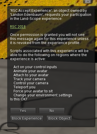 Second Life dialog requesting participation in the RSC Experience