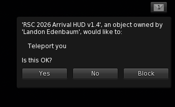 Second Life permission dialog asking whether the RSC Arrival HUD may teleport the camper